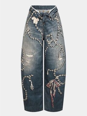 Embellished Wide-Leg Blue Denim Jeans